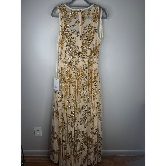 NWT Mac Duggal 10953 Jewel Neckline Embellished Maxi Dress Nude Gold Size 10 - Picture 8 of 9